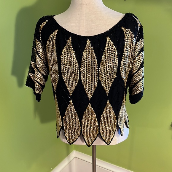 vintage 80s Gunit bead & sequin silk top - Picture 2 of 6